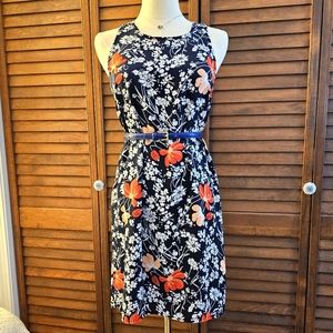 Navy Floral Shift Dress with Belt (Size 2)